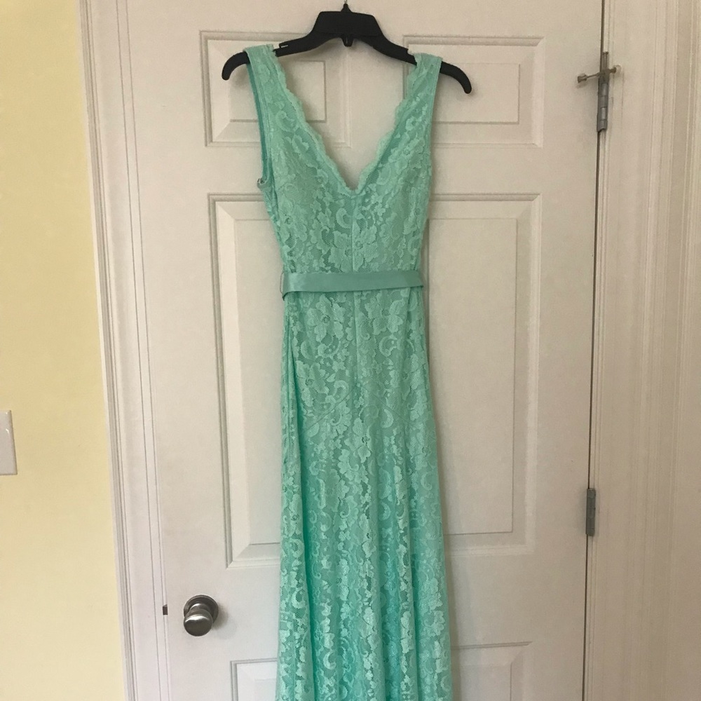 Full length light green prom dress